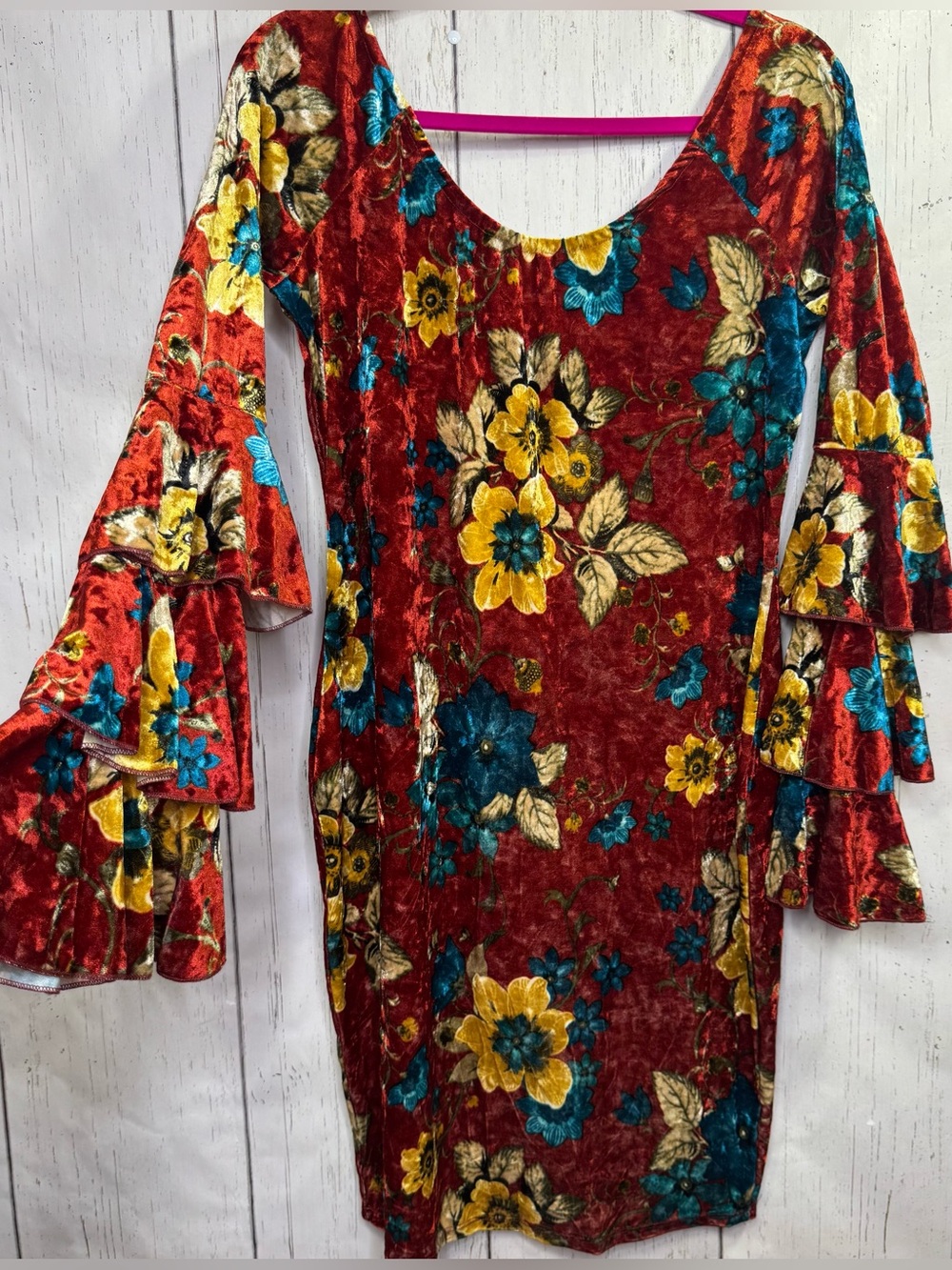 K + Glam Burnt Orange Floral Velvet Dress 1X Boho Bell Sleeve Whimsigoth Cottage